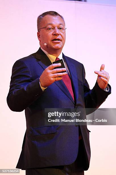 Stephen Elop, chief executive officer of Nokia, speaks during a keynote event at the Mobile World Congress in Barcelona on February 29, 2012 on the...