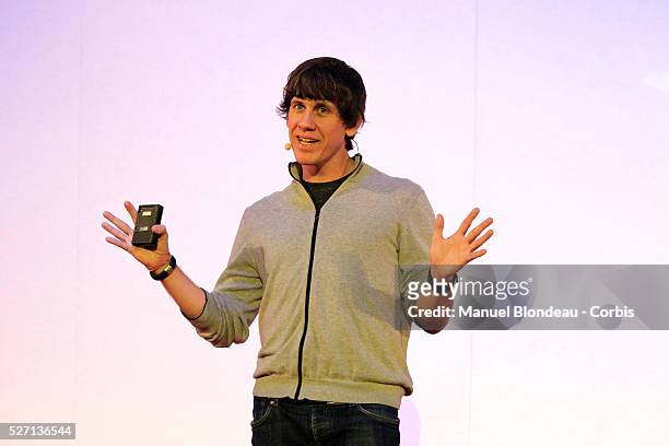 Dennis Crowley, chief executive officer of Foursquare, speaks during a keynote event at the Mobile World Congress in Barcelona on February 29, 2012...