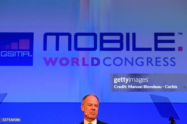 John Partridge, President of Visa Inc., speaks during a keynote event at the Mobile World Congress in Barcelona on February 29, 2012 on the second...