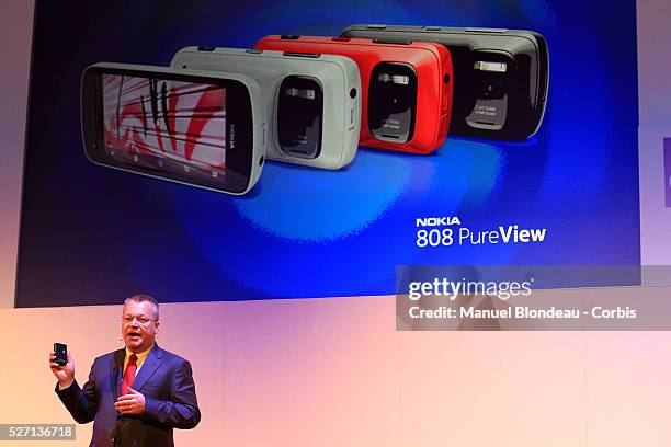 Stephen Elop, chief executive officer of Nokia, speaks during a keynote event at the Mobile World Congress in Barcelona on February 29, 2012 on the...