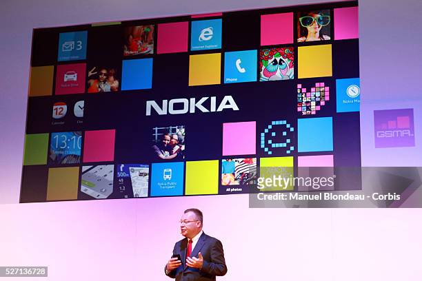 Stephen Elop, chief executive officer of Nokia, speaks during a keynote event at the Mobile World Congress in Barcelona on February 29, 2012 on the...
