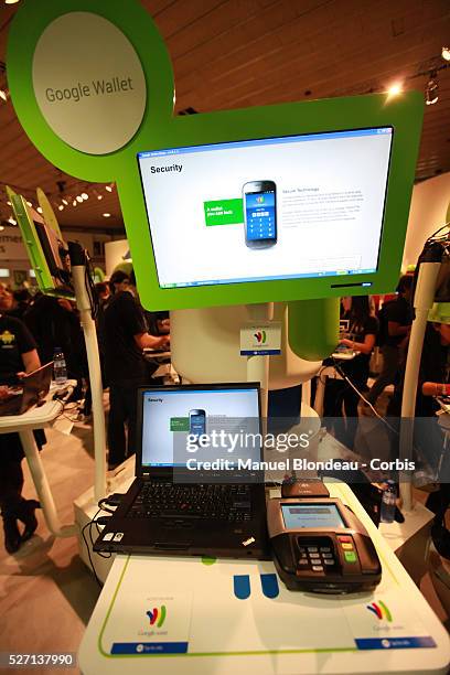 The Google Inc. Mobile Wallet application for cardless payment is displayed at the Mobile World Congress in Barcelona on February 29, 2012 on the...