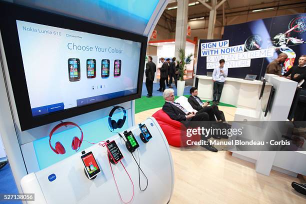 The Nokia Lumia 610, 900 and 800 smartphone are displayed at the Mobile World Congress in Barcelona on February 29, 2012 on the Third day of the...