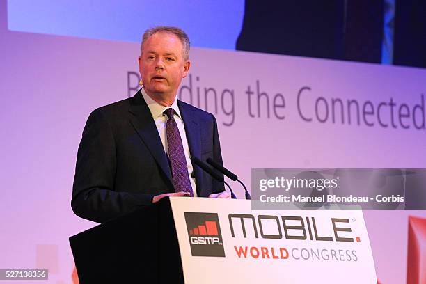 Kevin Johnson, chief executive officer of Juniper Network speaks during a keynote event at the Mobile World Congress in Barcelona, Spain, on...