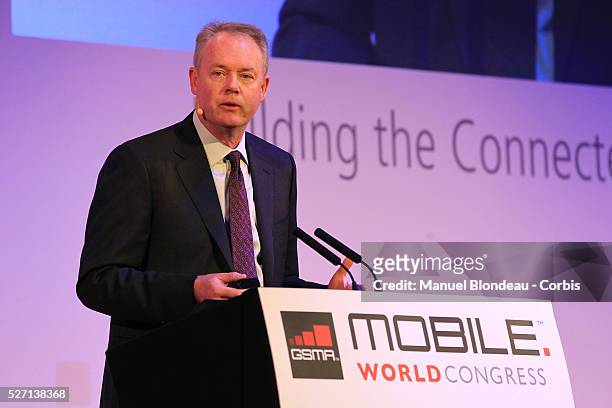 Kevin Johnson, chief executive officer of Juniper Network speaks during a keynote event at the Mobile World Congress in Barcelona, Spain, on...