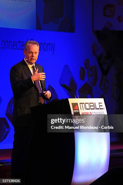 Kevin Johnson, chief executive officer of Juniper Network speaks during a keynote event at the Mobile World Congress in Barcelona, Spain, on...