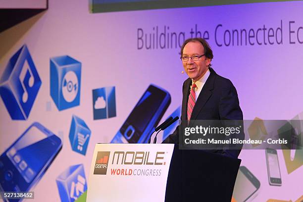 Dan Hesse, chief executive officer of Sprint Nextel Corporation speaks during a keynote event at the Mobile World Congress in Barcelona, Spain, on...