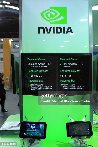 Devices powered by NVIDIA Tegra 3 are pictured at the Mobile World Congress in Barcelona, Spain, on Thursday, March 1, 2012. The 2012 Mobile World...