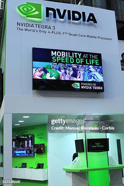 The NVIDIA booth at the Mobile World Congress in Barcelona, Spain, on Thursday, March 1, 2012. The 2012 Mobile World Congress, the world's biggest...