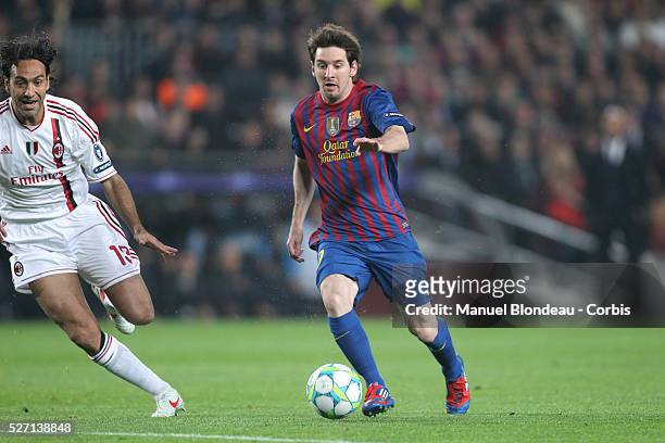 Lionel Messi of FC Barcelona during the UEFA Champions League quarter final second leg match between FC Barcelona and AC Milan at Camp Nou stadium on...