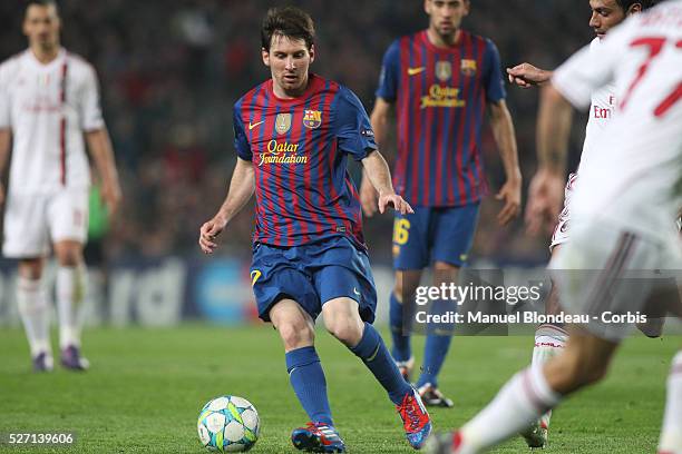 Lionel Messi of FC Barcelona during the UEFA Champions League quarter final second leg match between FC Barcelona and AC Milan at Camp Nou stadium on...