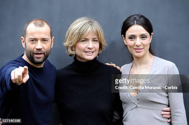 Italian actor Fabio Volo, Italian actress Ambra Angiolini and Italian director Cristina Comencini at the photo call of "Bianco e Nero" in Rome.