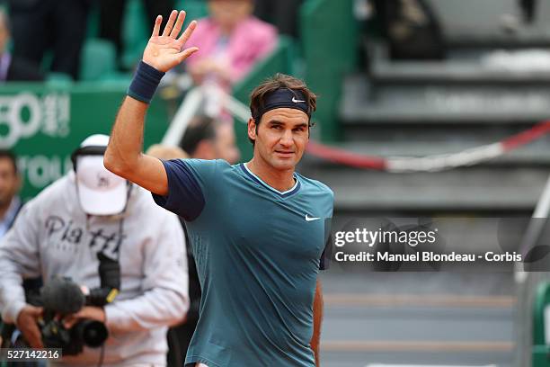 Roger Federer of Switzerland celebrates his victory against Radek Stepanek of Czech Republic during day four of the ATP Monte Carlo Rolex Masters...