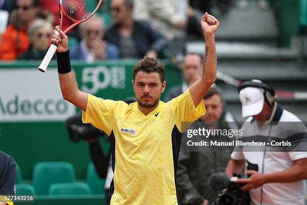 Stanislas Wawrinka of Switzerland celebrates his victory against Marin Cilic of Croatia during day four of the ATP Monte Carlo Rolex Masters Tennis...