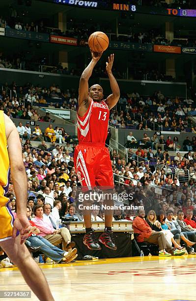 Mike James of the Houston Rockets shoots during the game against the Los Angeles Lakers at Staples Center on April 7, 2005 in Los Angeles,...