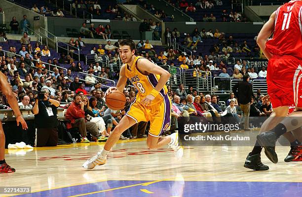 Sasha Vujacic of the Los Angeles Lakers moves the ball during the game against the Houston Rockets at Staples Center on April 7, 2005 in Los Angeles,...