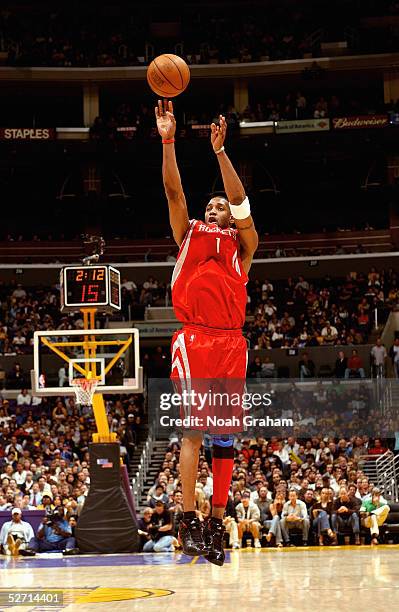 Tracy McGrady of the Houston Rockets shoots during the game against the Los Angeles Lakers at Staples Center on April 7, 2005 in Los Angeles,...