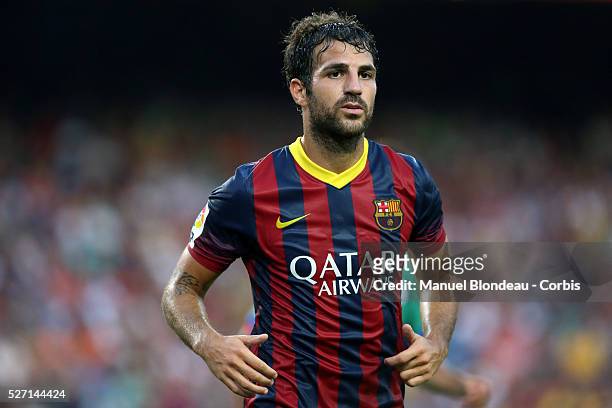 Cesc Fabregas of FC Barcelona looks on during the Spanish league football match between FC Barcelona and Levante UD at the Camp Nou stadium in...