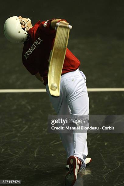 Diego Beaskoetxea competes during the Cesta Punta World Championship semi-finals match at the Jai Alai of Biarritz, Basque Country, southwestern...