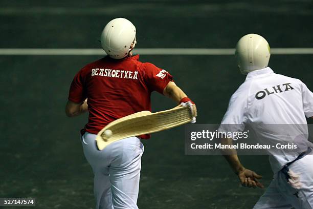 Diego Beaskoetxea competes during the Cesta Punta World Championship semi-finals match at the Jai Alai of Biarritz, Basque Country, southwestern...