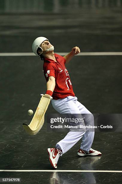 Diego Beaskoetxea competes during the Cesta Punta World Championship semi-finals match at the Jai Alai of Biarritz, Basque Country, southwestern...