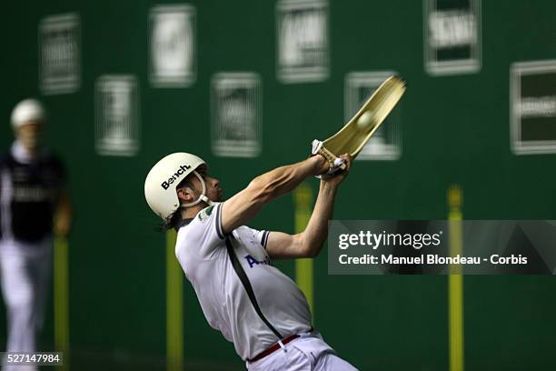 Aritz Erkiaga and Ortzi Txasio compete against Mikel Egiguren and Gotzon Enbil during the Cesta Punta World Championship semi-finals match at the Jai...