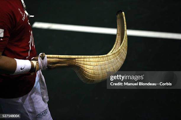 Basket glove is pictured during the Cesta Punta World Championship semi-finals match at the Jai Alai of Biarritz, Basque Country, southwestern...