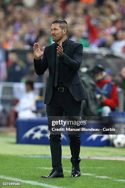 Head coach Diego Simeone of Club Atletico de Madrid gestures during the UEFA Champions League Semifinal first leg match between Club Atletico de...