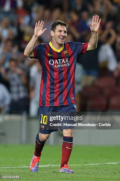 Lionel Messi of FC Barcelona celebrates after scoring his sides fourth goal during the UEFA Champions league football match between FC Barcelona and...