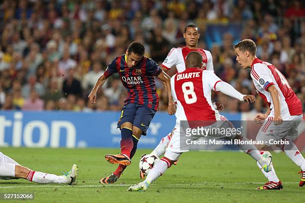 Neymar of FC Barcelona kicks the ball during the UEFA Champions league football match between FC Barcelona and Ajax Amsterdam at the Camp Nou stadium...