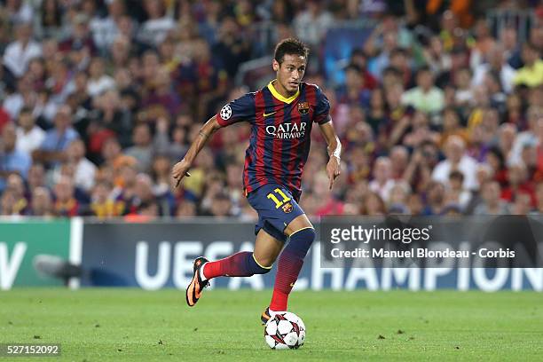 Neymar of FC Barcelona runs with the ball during the UEFA Champions league football match between FC Barcelona and Ajax Amsterdam at the Camp Nou...