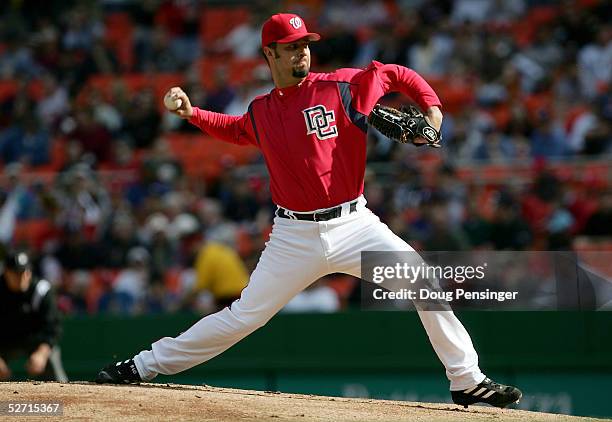 Starting pitcher Esteban Loaiza of the Washington Nationals delivers a pitch against the Philadelphia Phillies at RFK Stadium on April 27, 2005 in...