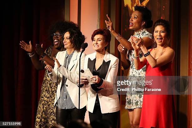 Personalities Sherly Underwood, Sara Gilbert, Sharon Osbourne, Aisha Tyler, and Julie Chen speak onstage at the 2016 Daytime Emmy Awards at Westin...