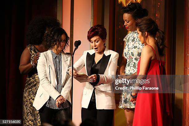 Personalities Sherly Underwood, Sara Gilbert, Sharon Osbourne, Aisha Tyler, and Julie Chen speak onstage at the 2016 Daytime Emmy Awards at Westin...