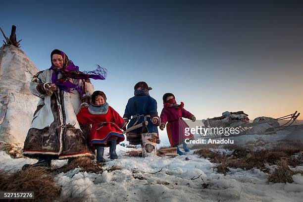 Nenet family is seen at 150 km from the town of Salekhard, Yamalo-Nenets Autonomous Okrug in Russia on May 2, 2016.