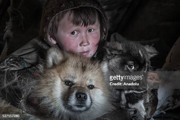 Nenet kid poses with his animals at a nomad camp at 150 km from the town of Salekhard, Yamalo-Nenets Autonomous Okrug in Russia on May 2, 2016.