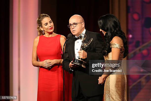 Personality Maria Alejandra Requena, VP of Programs at CNN Espanol Eduardo Suarez, and TV personality Alejandra Oraa speak onstage during the 2016...