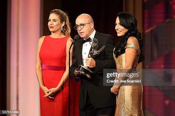 Personality Maria Alejandra Requena, VP of Programs at CNN Espanol Eduardo Suarez, and TV personality Alejandra Oraa speak onstage during the 2016...