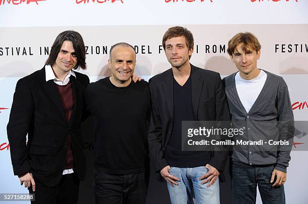 Actors Guillaume Quatravaux, Julien Baumgartner, Lorant Deutsch and director Ilan Duran Cohen attend the photo call of "Le Plaisir de Chanter" during...