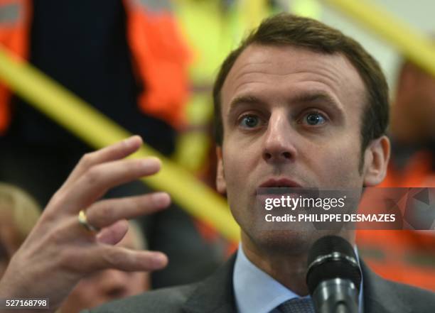 French Economy minister Emmanuel Macron delivers a speech during the inauguration of ID'EES group's new factory IDEM, that produces cellulose wadding...