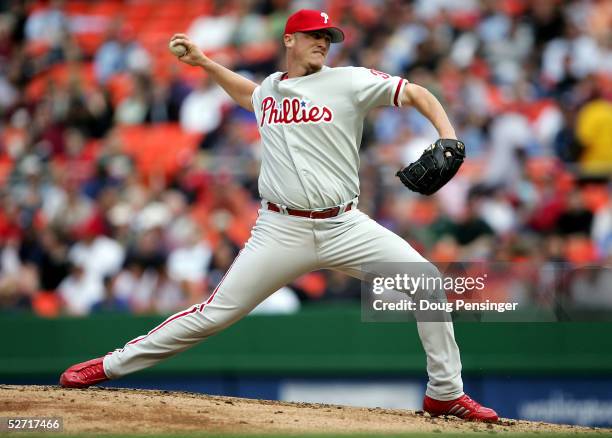 Starting pitcher Brett Myers of the Philadelphia Phillies delivers a pitch against the Washington Nationals at RFK Stadium on April 27, 2005 in...