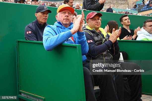 Boris Becker of Germany and Marian Vajda of Slovakia celebrate as Novak Djokovic of Serbia just won the first set during day five of the Monte Carlo...