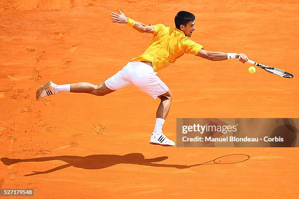 Novak Djokovic of Serbia in action against Marin Cilic of Croatia during day six of the Monte Carlo Rolex Masters tennis at the Monte-Carlo Sporting...