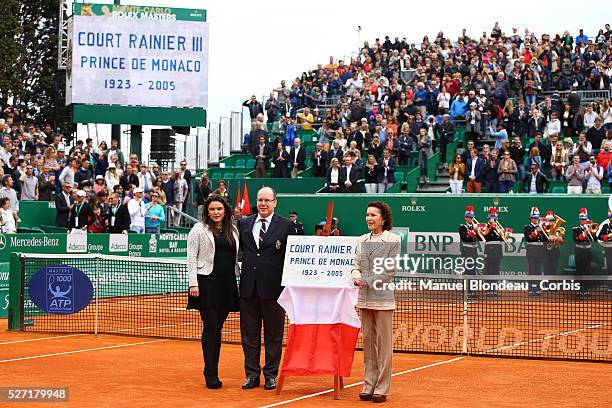 Melanie de Massy , Prince Albert II of Monaco and Elisabeth-Anne de Massy inaugurate the 'Court Rainier III' before the final during day eight of the...