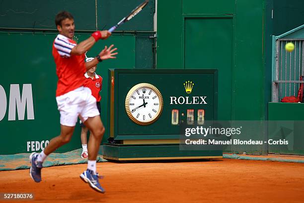 The logo of Rolex is seen around the court during the Monte Carlo Rolex Masters tennis at the Monte-Carlo Sporting Club on April 11-19, 2015 in...