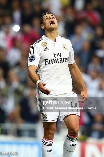 Javier Hernandez of Real Madrid reacts after missing a chance to score a goal during the UEFA Champions League Quarter Final second leg match between...