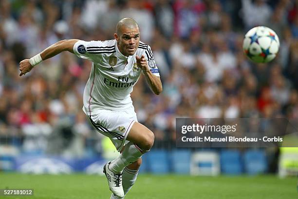 Pepe of Real Madrid during the UEFA Champions League Quarter Final second leg match between Real Madrid CF and Club Atletico de Madrid at Estadio...