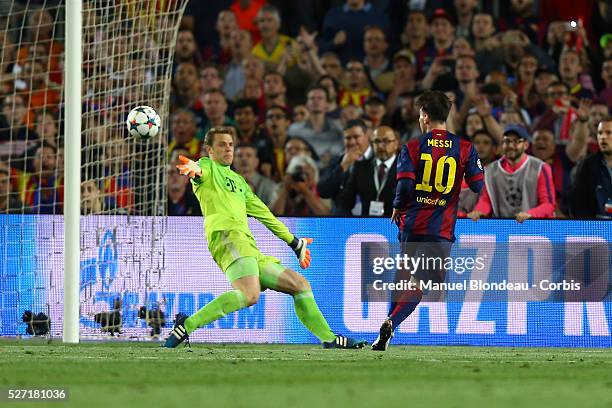 Lionel Messi of FC Barcelona kicks the ball to score his side's second goal during the UEFA Champions League semi-final, first leg match between FC...