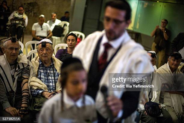 Holocoust survivers seen performing a Bar Mitzvah ceremony on May 2, 2016 in Jerusalem, Israel. Ahead of Holocoust remembrance day, a group of...