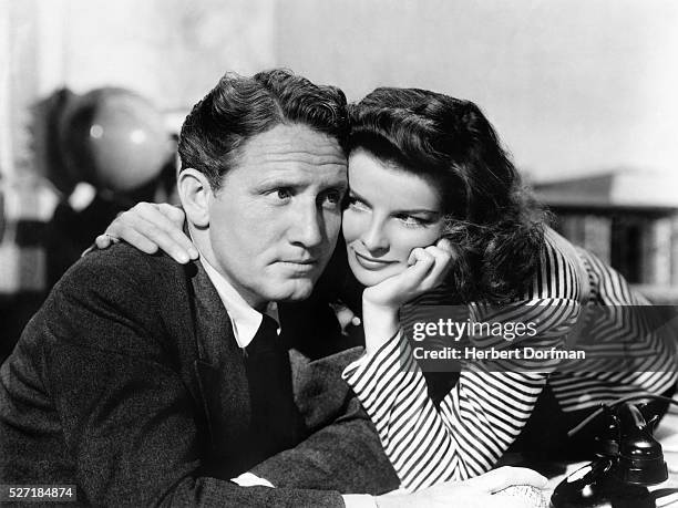 Spencer Tracy and Katherine Hepburn on the set of 'Woman of the Year' by George Cukor.